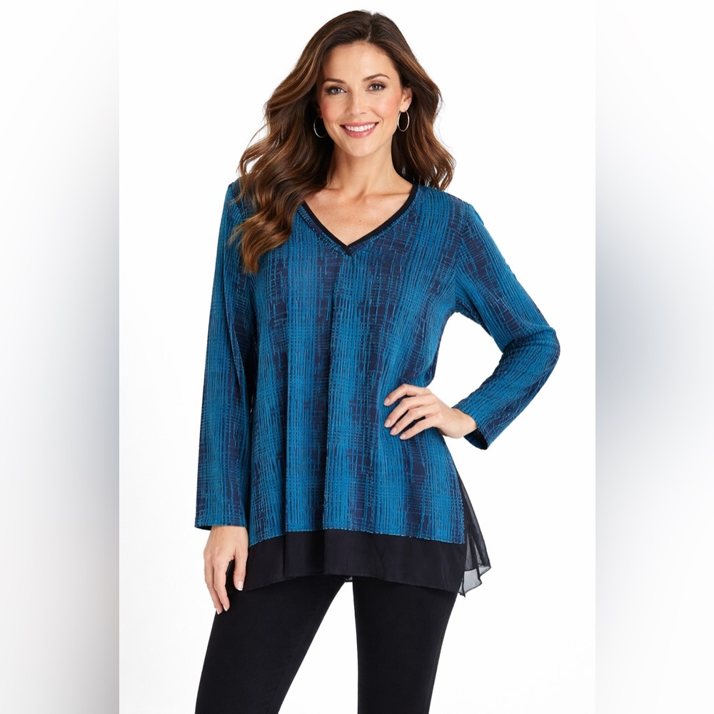 Simply Vera Vera Wang Teal and Black V-Neck Blouse